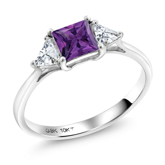 Gem Stone King 10K White Gold Purple Amethyst and White Moissanite 3 Stone Engagement Ring for Women (0.97 Cttw, February Birthstone, Princess 5MM, Trillion 3.5MM, Size 8)