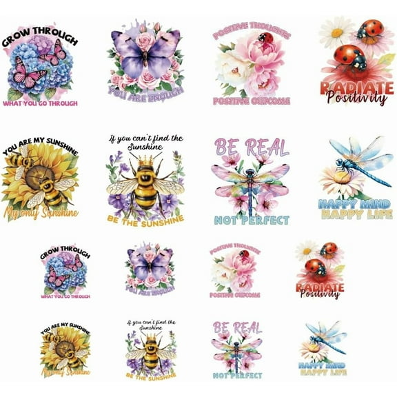 16 Sheets Iron on Transfers for T-Shirts Insects and Flowers DTF Transfers Ready to Press Washable Iron on Decals for Women Girls Clothing Hat Bag Pillow DIY Crafts for DIY