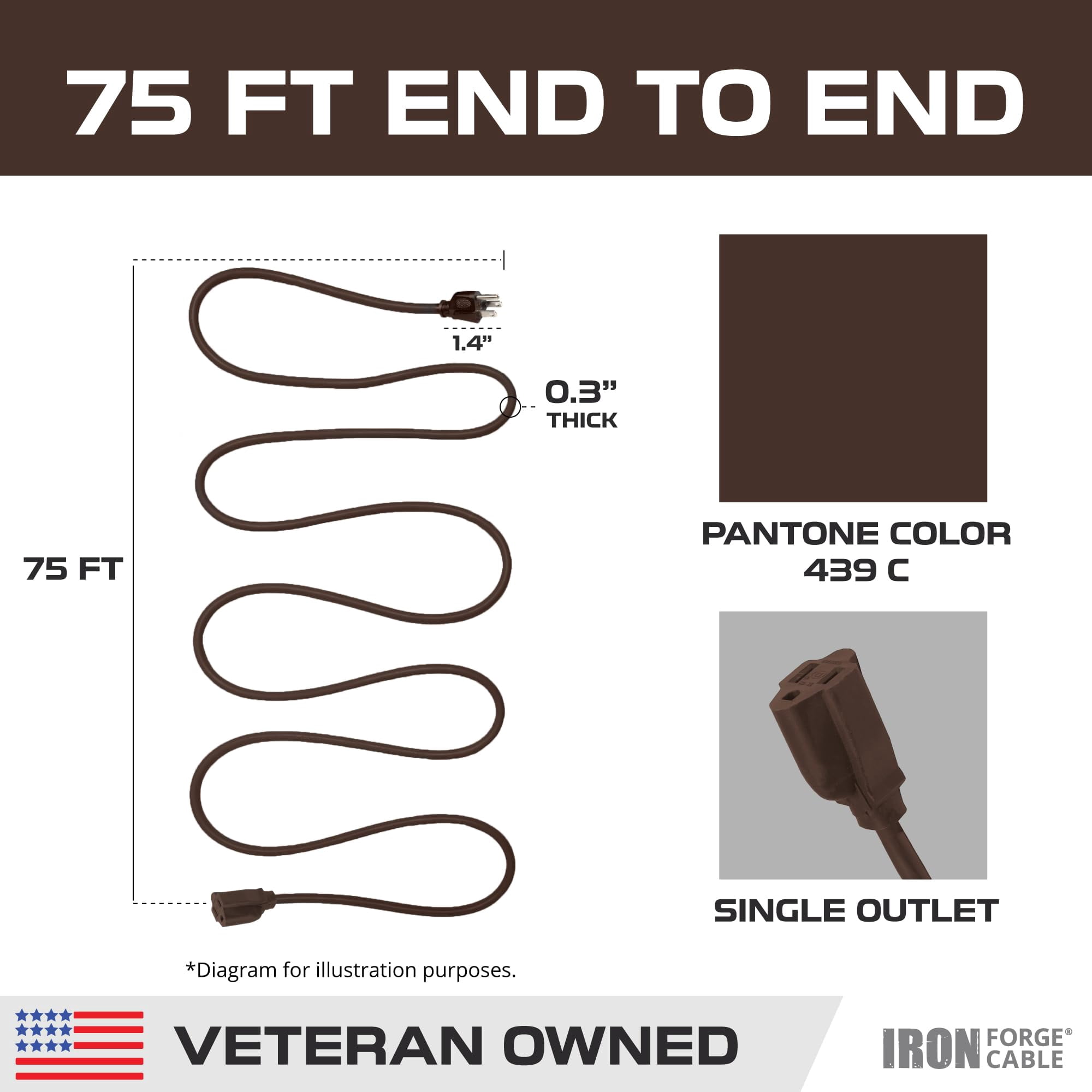 Iron Forge Cable Outdoor Brown Extension Cord 75 ft - 16 Gauge 10 Amp Heavy Duty Brown Outdoor Extension Cords 3 Prong - 16/3 SJTW Great for Outdoor