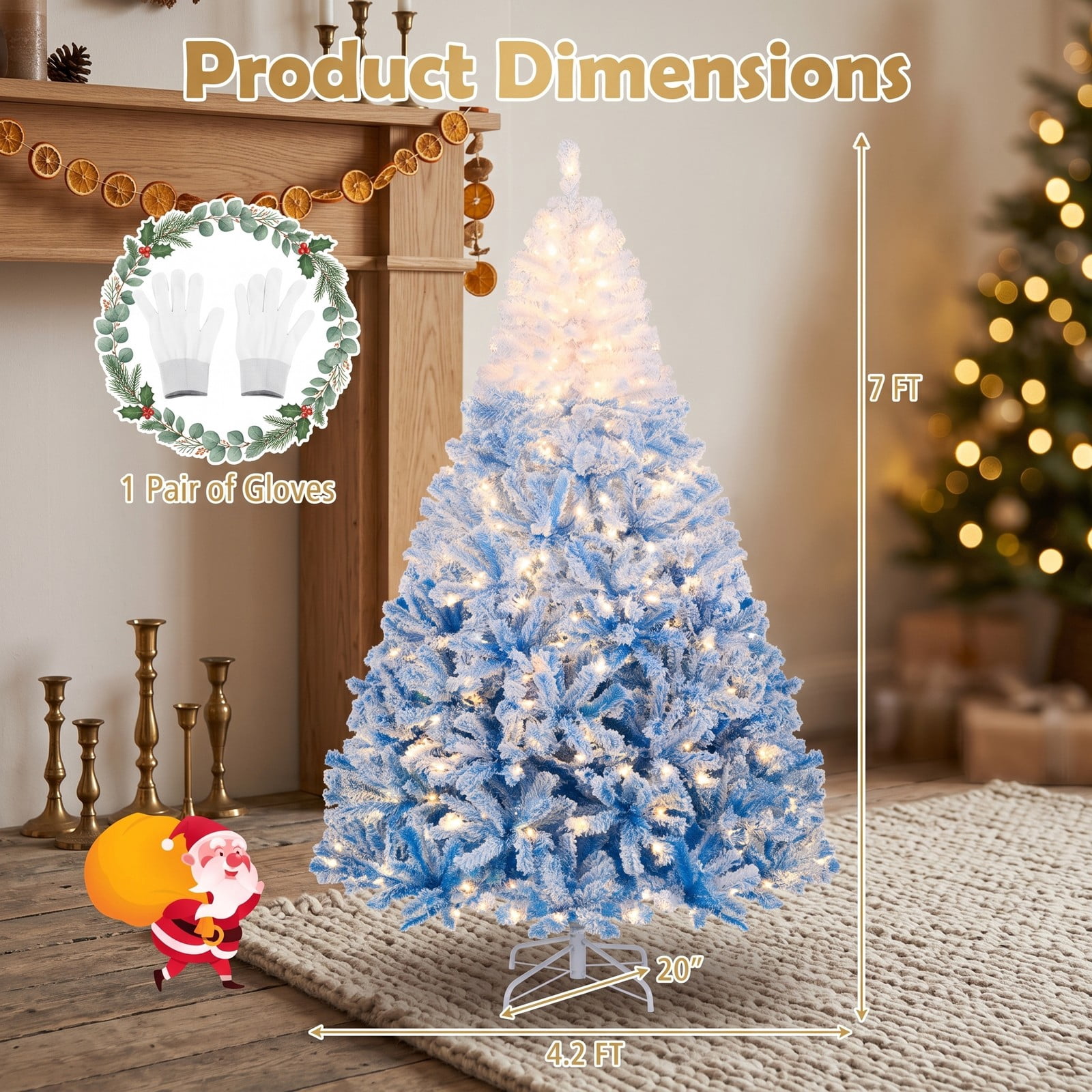 RUIE 7 FT Artificial Christmas Tree with 350 Warm White LED Lights and 8 Modes, Snow Flocked Hinged Prelit Xmas Tree with Foldable Metal Stand, White & Blue