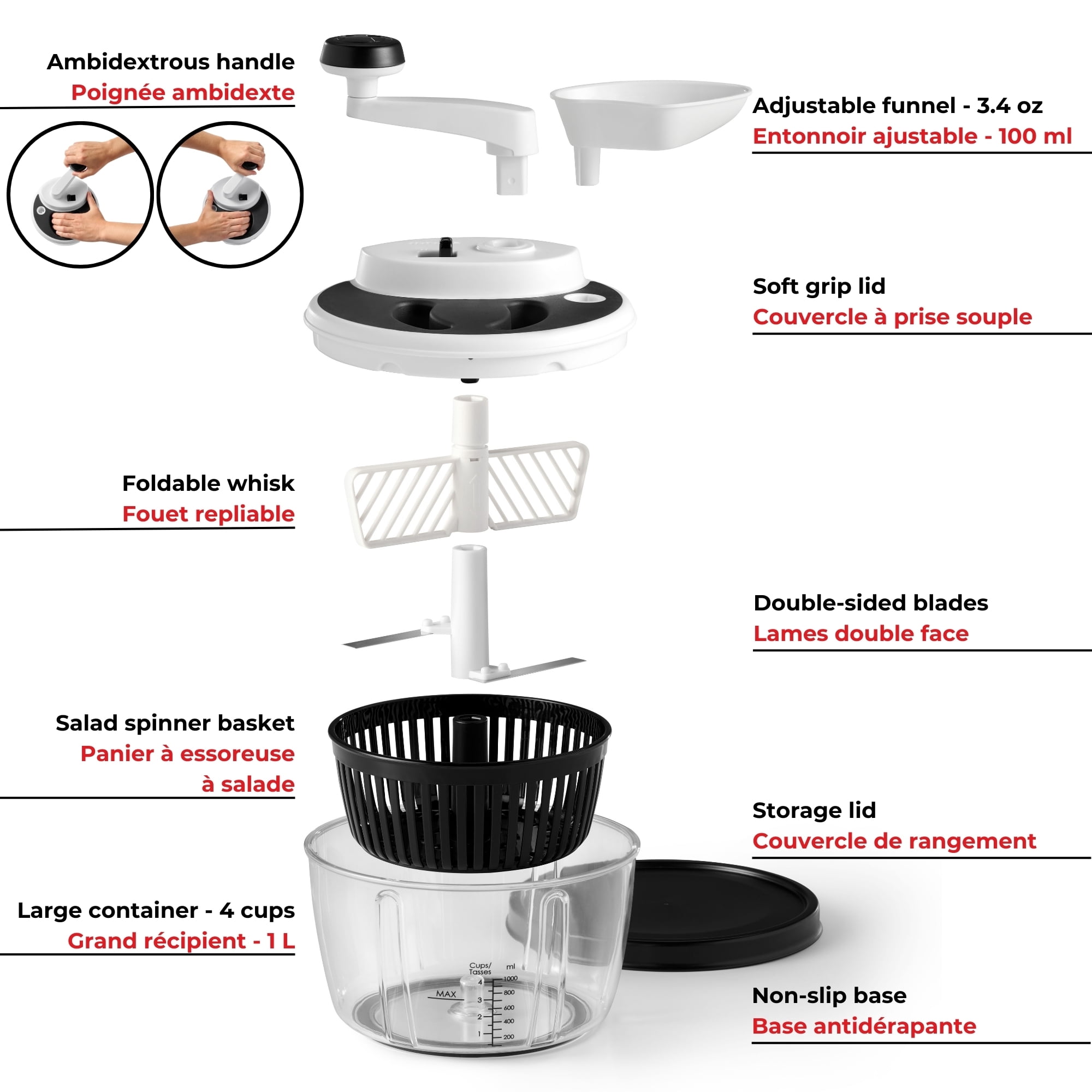 Starfrit Robot Culinaire Manuel 3-en-1, Hachoir, Fouet & Essoreuse À Salade, Lames À Glace, 2 Vitesses, Bol 1L, Pour Salsa, Hummus, Mayo, Vinaigrette