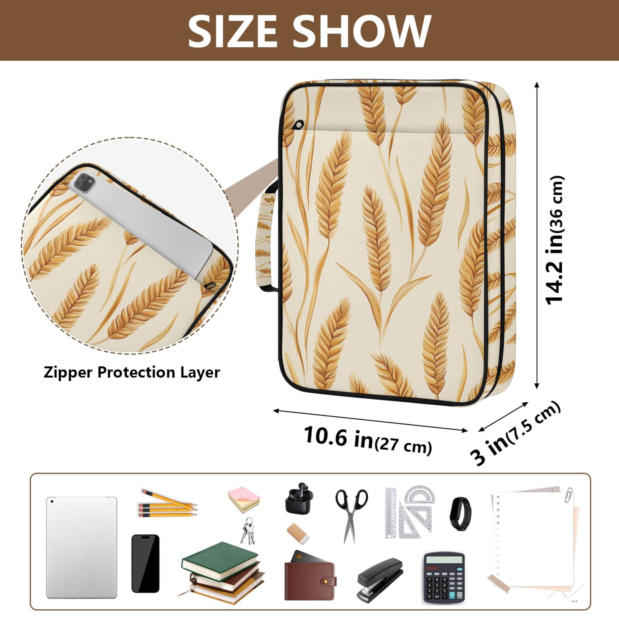 FORMRS Accordion File Folder A4 Size 7-Pocket Expanding Document Organizer Bag with 3 Ring Binder, Wheat Ears Pattern