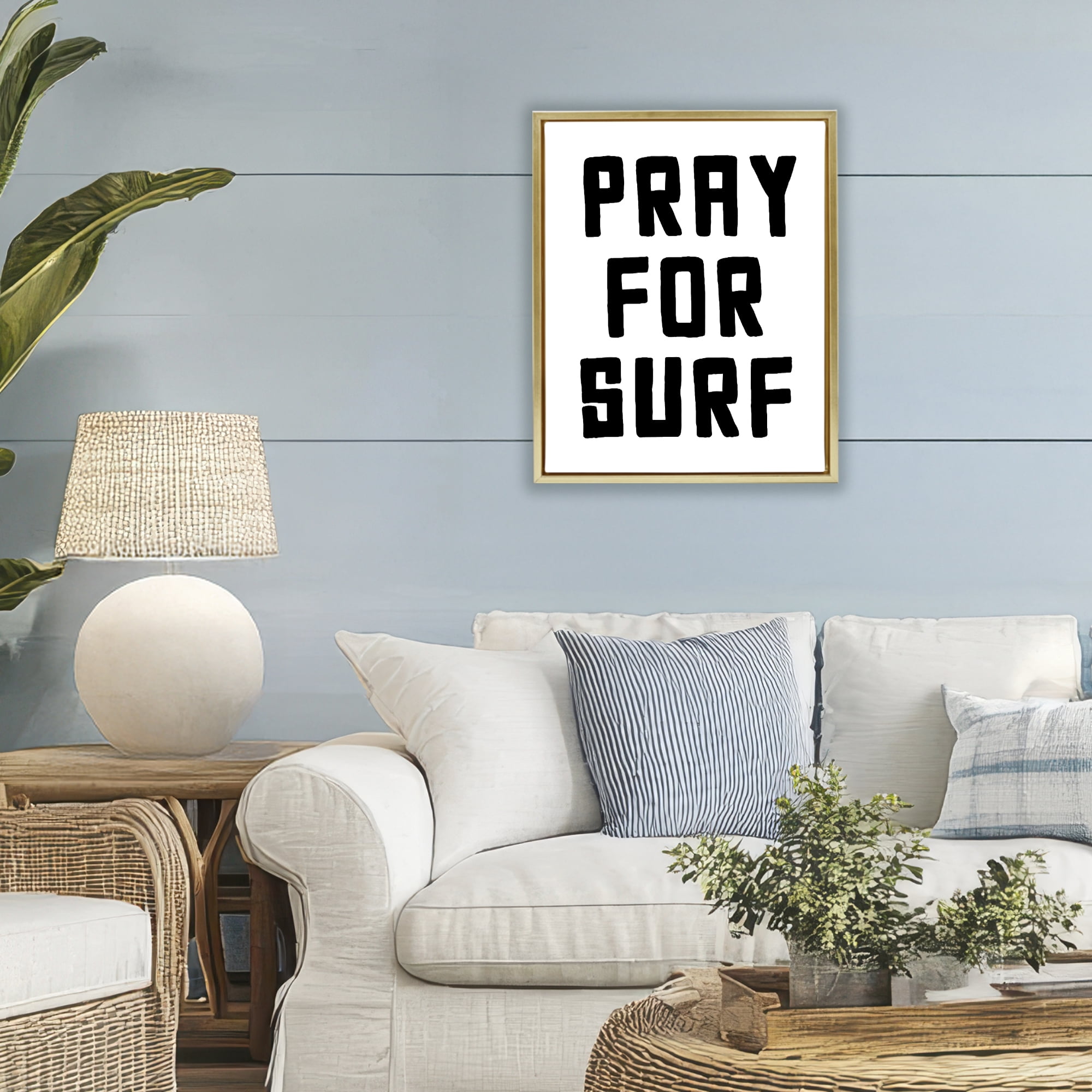 Pray For Surf Simple Sentiment Gold Framed Floater Canvas Wall Art, design by Lettered and Lined