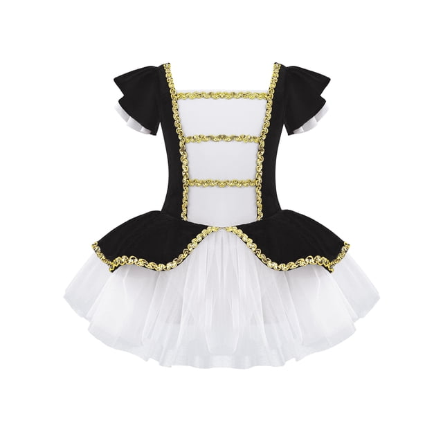 Miaeowve Robe de Danse pour Filles Enfants à Manches Courtes Combinaison de Danse Déguisement Robe de Princesse pour Fête Noir 14