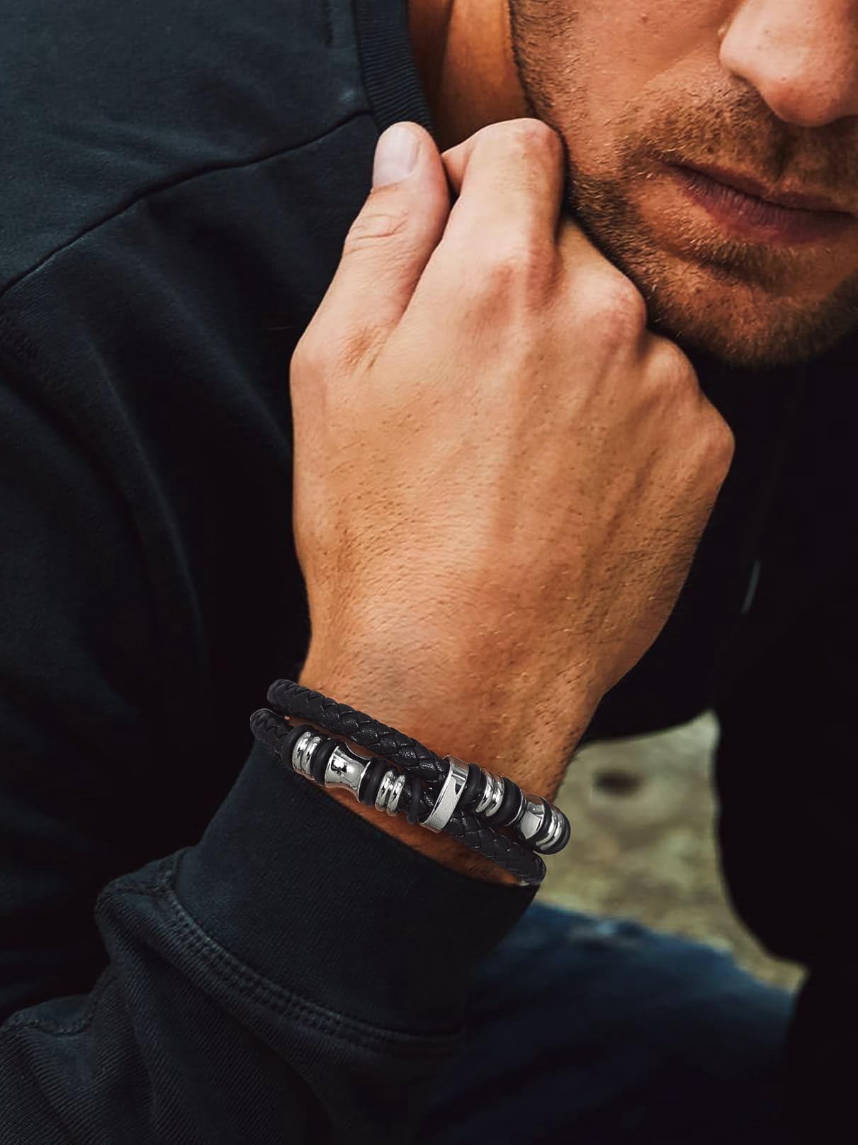 Bandmax Black Leather Bracelets for Men Double-Layer Braided Rope Bracelet with Stainless Steel Beads Wristband Wrist Bangle for Birthday Gift
