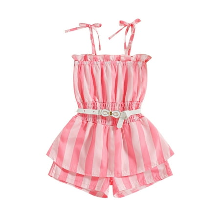 

Yinyinxull Toddler Kids Girls Casual Romper Color Contrast Stripe Printed Slim Fit Sleeveless Bodysuit with Belt Pink 3-4 Years