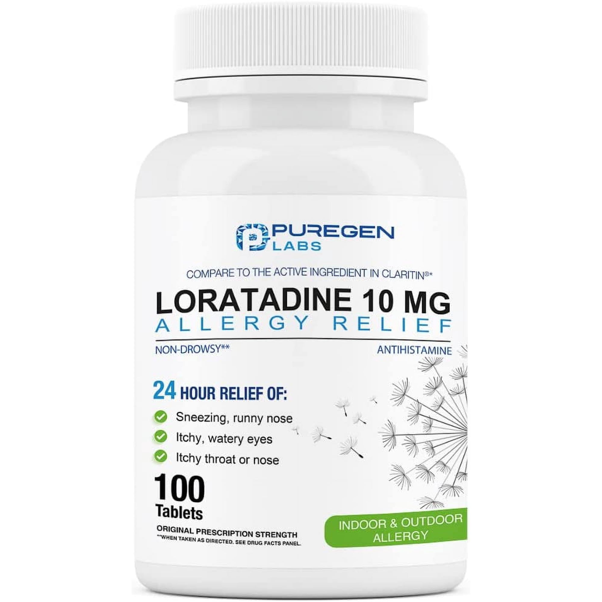 Puregen Labs Allergy Relief Loratadine 10mg - Non-Drowsy Antihistamine Allergy - 100 Tablets - 1PK