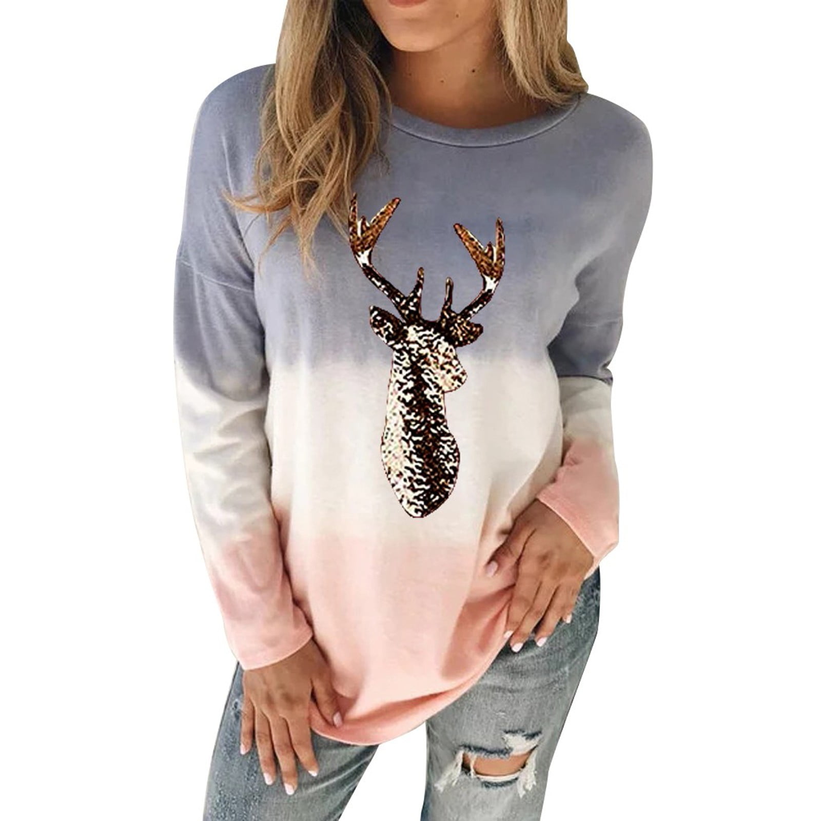 Womens Plus Size Hoodies Ladies Long Sleeve Christmas Deer Printed Hooded Sweatshirt Pullover Tops 
