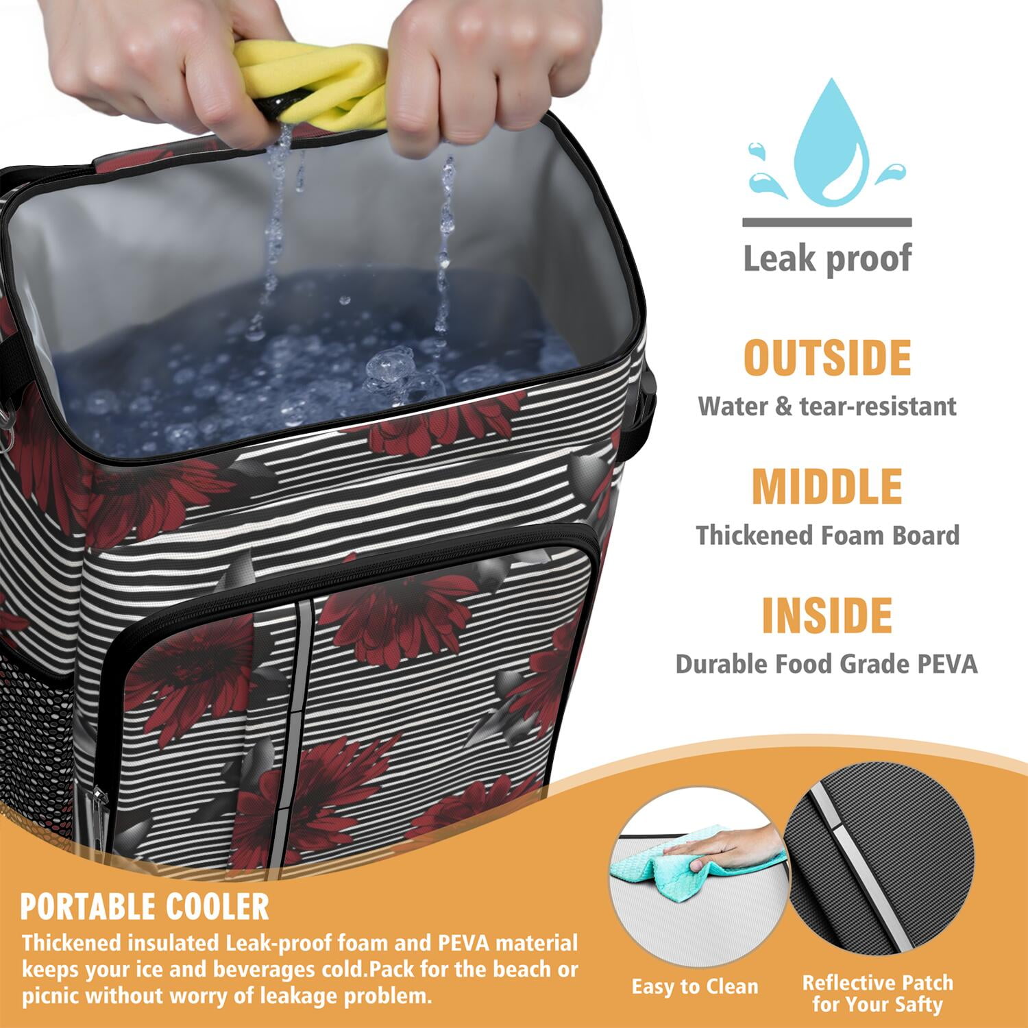 Travel Cooler Bag - Pioneer Flower Floral Print Pattern Camping Beer Cooler Backpack with Bottle Opener- Waterproof Insulated Picnic Backpacks - Cooler Bag for Beach