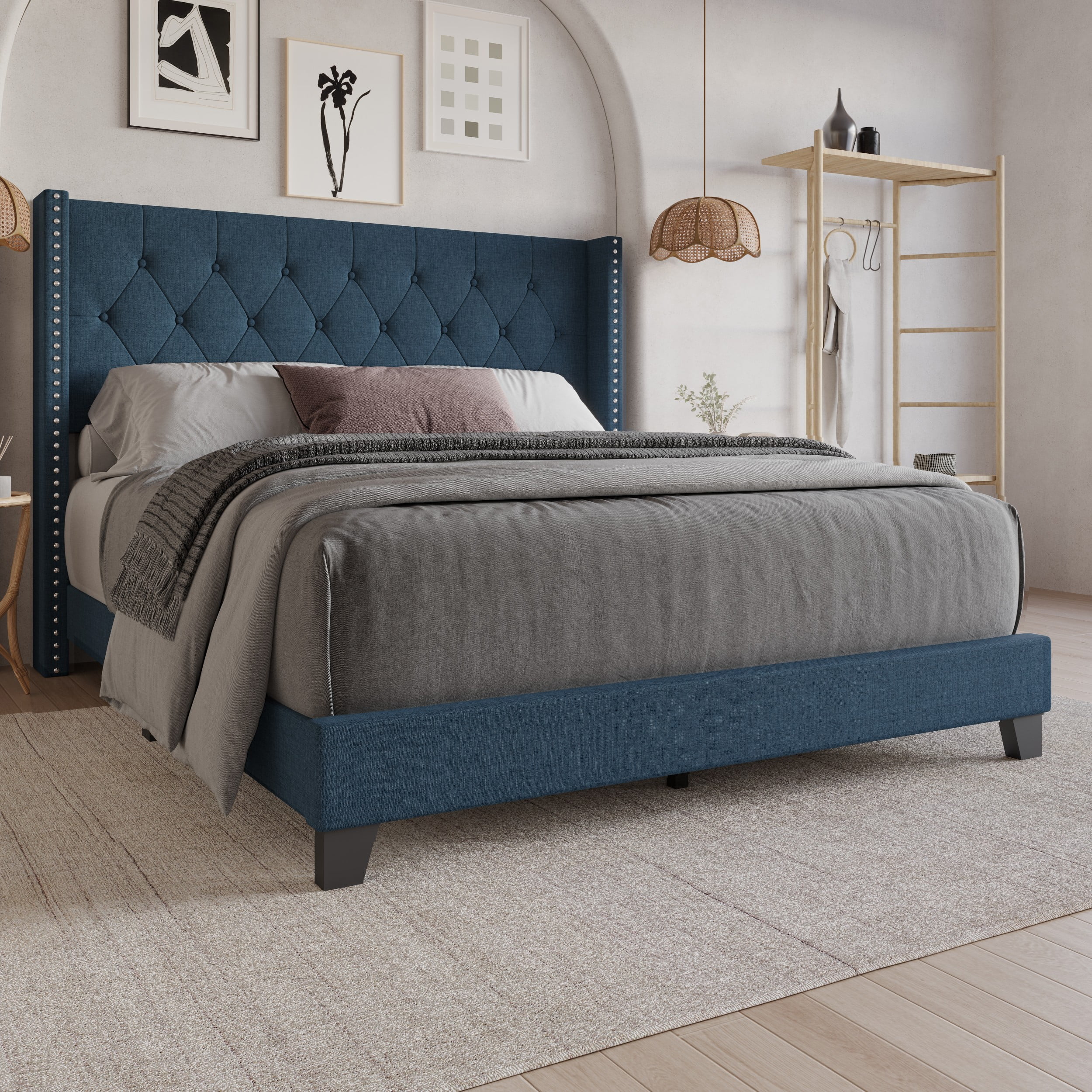 Home Design Homer King Button-Tufted Wingback Upholstered Panel Bed Frame with Nailhead Trim design for Adult, Denim Blue, Easy Assembly