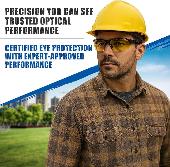 Mojave Amber Safety Glasses for Men/Women | ANSI Certified Eye Protection Glasses and Protective Eyewear | Anti-Scratch Coating and Wrap Around One-Piece Design Work Glasses - 3 Pack