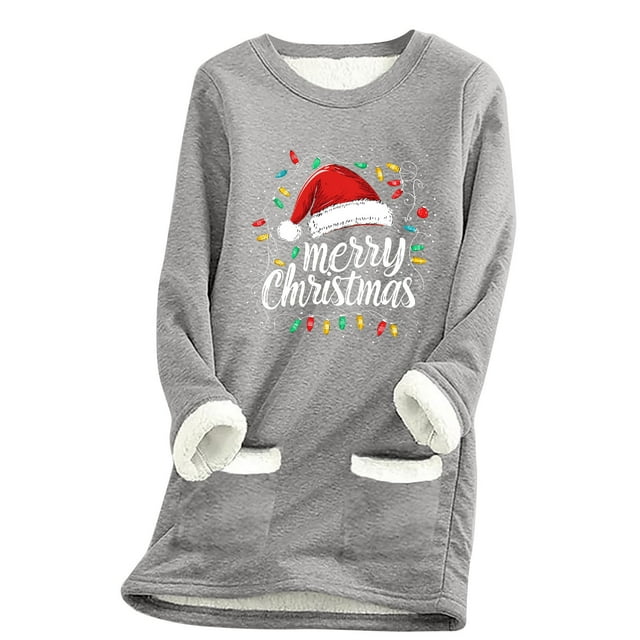 LMKIHUSA Chandails en Molleton pour Femmes, Imprimé de Noël, Col Rond, Chandail à Enfiler, Mode Décontractée, Hiver Chaud 2025, Tenue d'Intérieur avec Poches, Gris, m