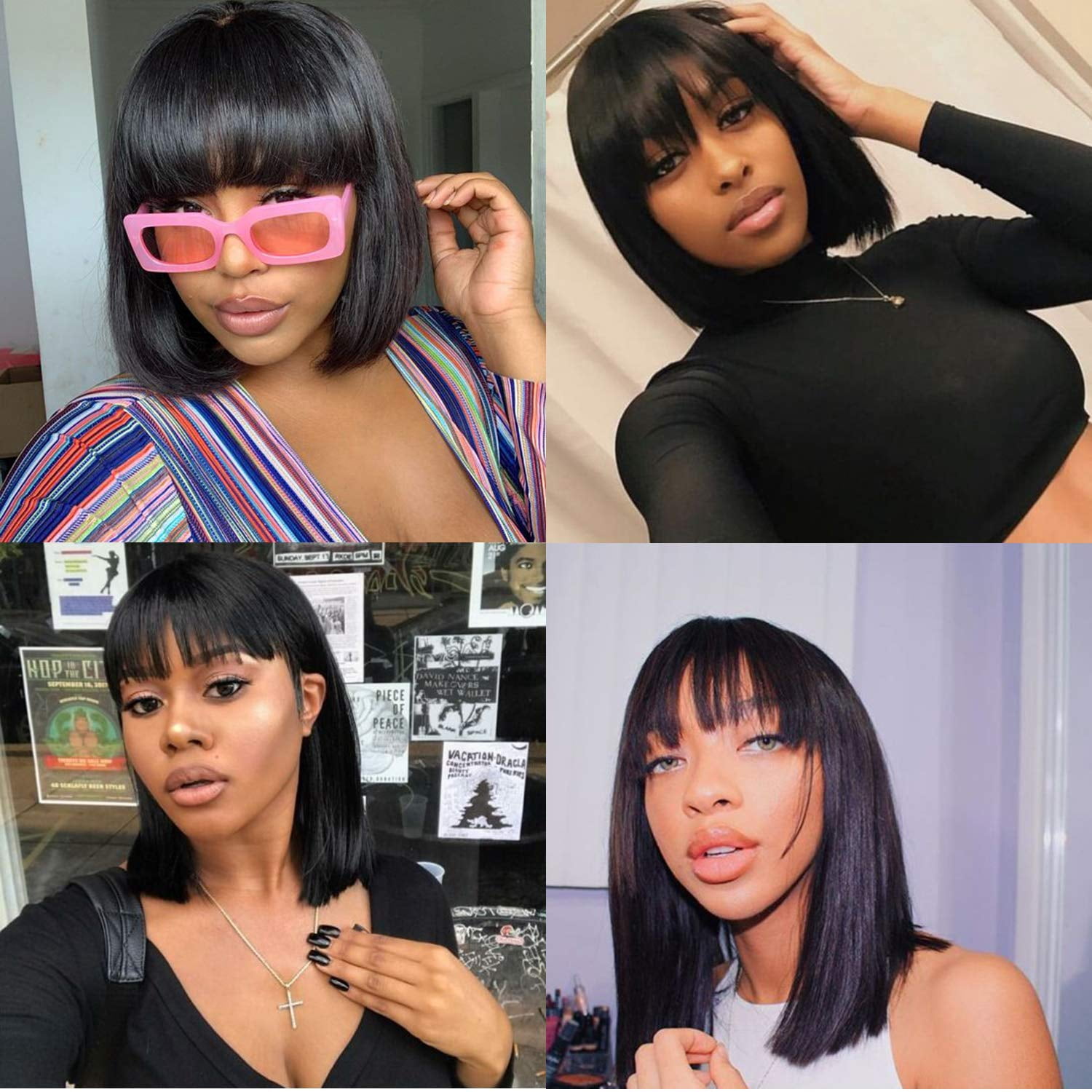 DOPI Fashion Women Short Straight Black Wig with Bangs, 12 Inches（Synthetic Wig）