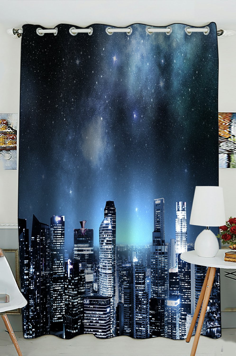 PHFZK Night Sky Window Curtain, City Skyline under a Starry Sky Window