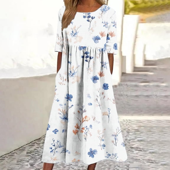 Vetsdori Floral Print Maxi Dresses for Women Party Summer Sundress Tunic,Pleated Beach V-Neck Casual Ladies Dress Mujer
