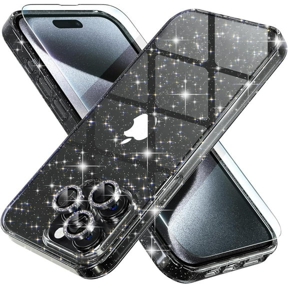 Compatible for iPhone 15 Pro Case, Women Cute Clear Glitter Bling Sparkly Case,  6.1-inch (Glitter Black)