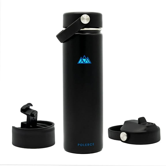 Vacuum Insulated Bottle with 3 Lids - Stainless Steel Thermally Insulated Flask - by Polerce (21 Oz, Black)