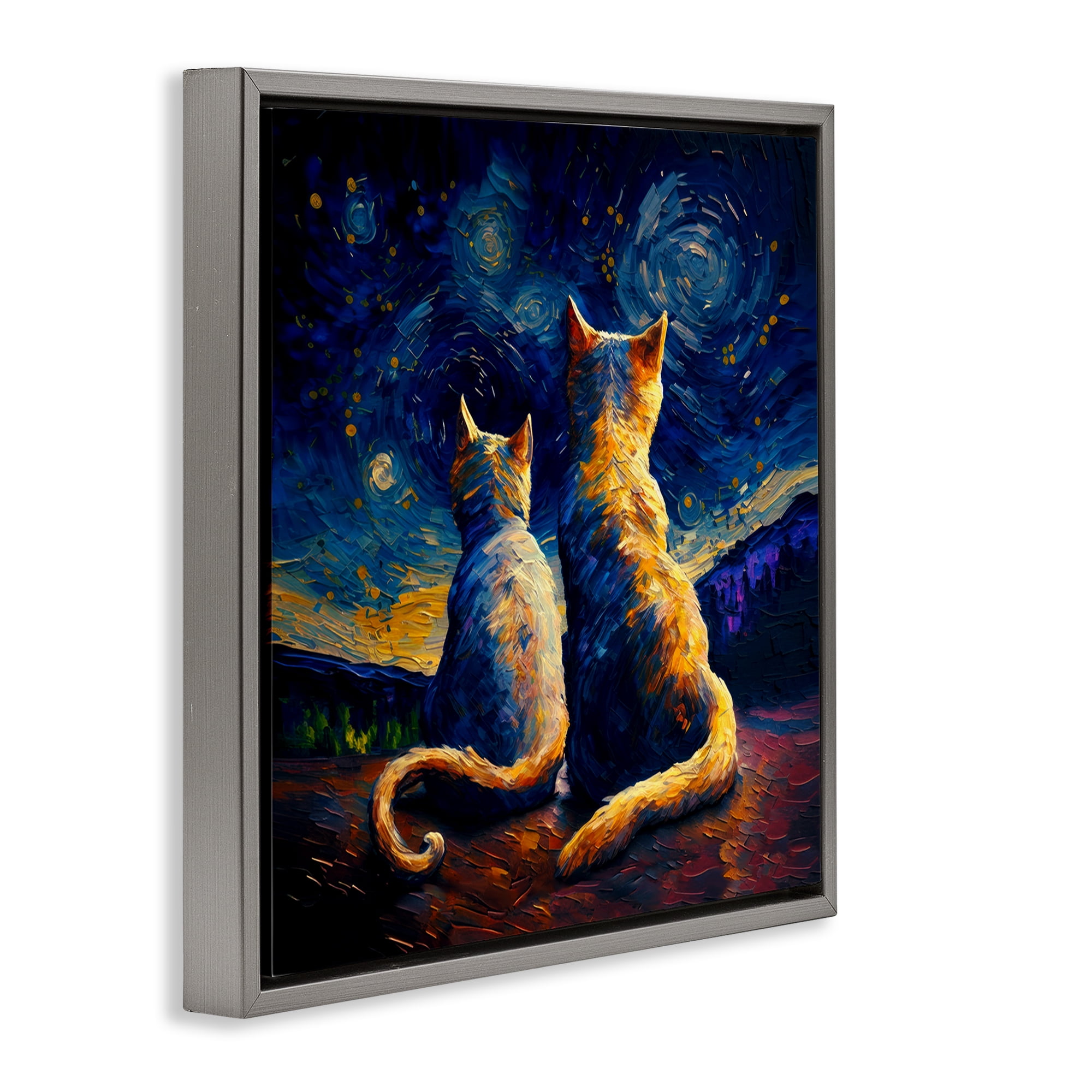 Stupell Industries Swirled Night Sky Cats Animals Painting Gray Floater Framed Canvas Art Print Wall Art, 18 x 18