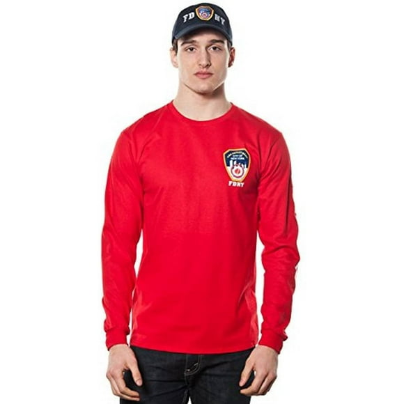 FDNY Adult Red Long Sleeve Tee with Chest, Sleeve and Back Print