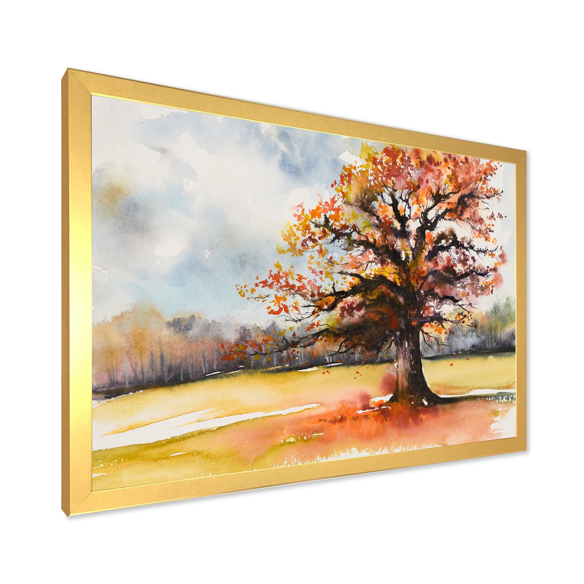 Designart 'Lone Oak Tree In The Fields With Autum Leaves' Traditional Framed Art Print