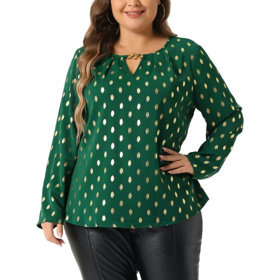 DARING DIVA Women's Plus Metallic Shiny Dots Blouse 1X Green