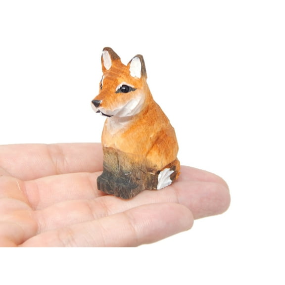 Red Fox - Small 2" Wood Art Figurine - Handmade USA - Unique Original Art Carving Work - Decoration, Miniature Animals