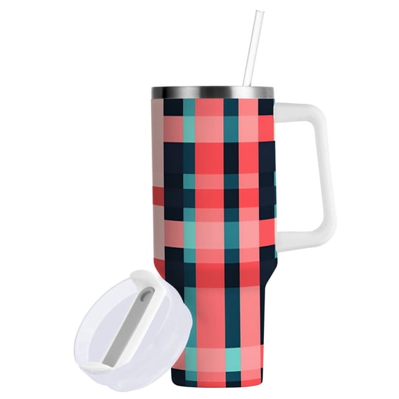 Yayeee 40oz Stainless Steel Tumbler with Straw and Handle Double-Wall Insulated Travel Water Bottle, Red Teal Stripes