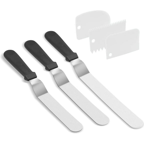 Offset Spatulas Set of 3, 420 Stainless Steel Metal Angled Icing Spatula Spreader Smoother with 6/8/10 inches Length Blade and PP Plastic Handle for Cake Decorating Frosting Baking (Black)