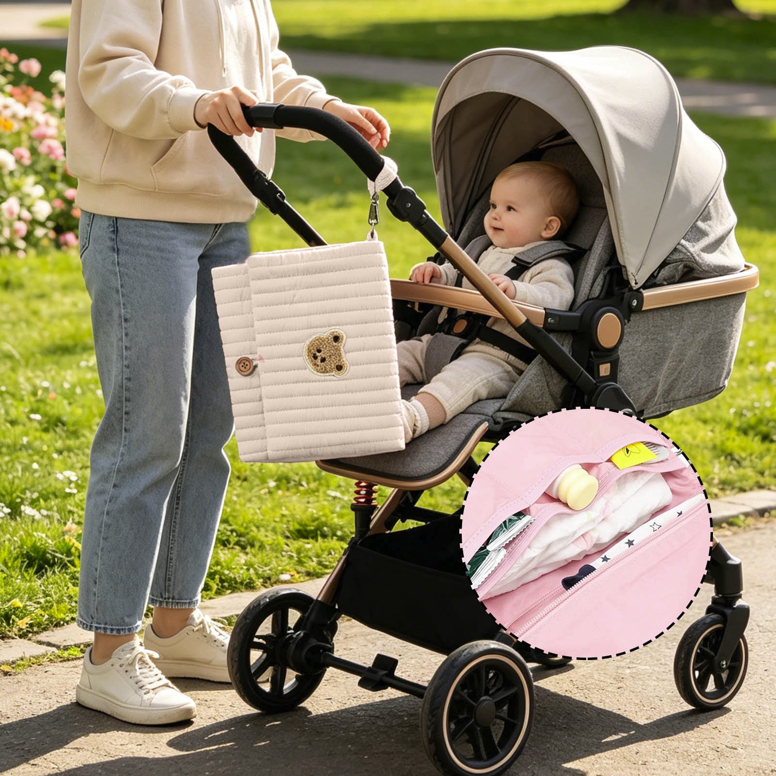 Bear Embroidery Baby Organizer Bag 10.6 Inch Multifunction Diaper Clutch with Wipes Pocket Portable Stroller Attachment Storage Pouch for Travel Khaki