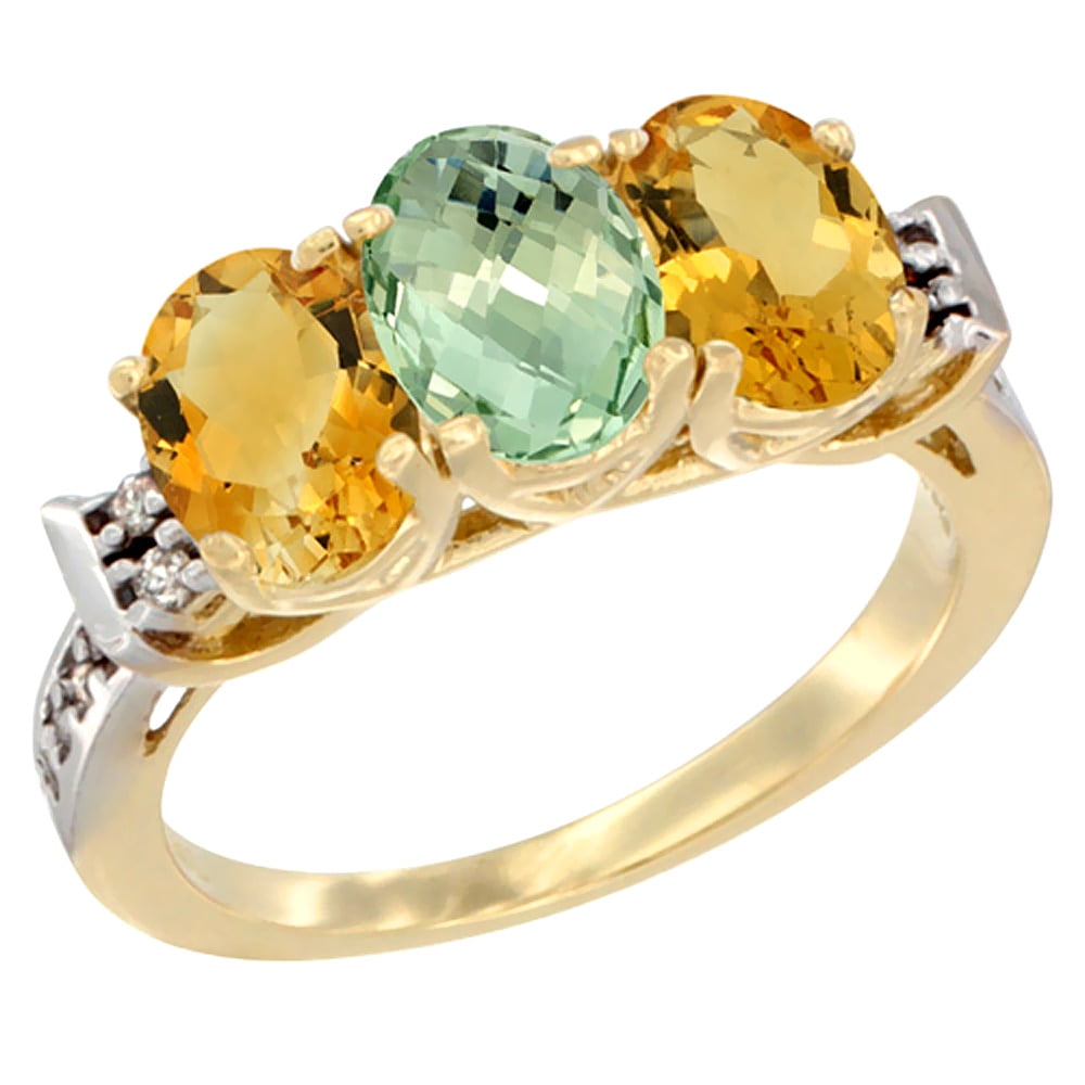 10K Yellow Gold Natural Green Amethyst & Citrine Sides Ring 3-Stone Oval 7x5 mm Diamond Accent, sizes 5 10 by WorldJewels