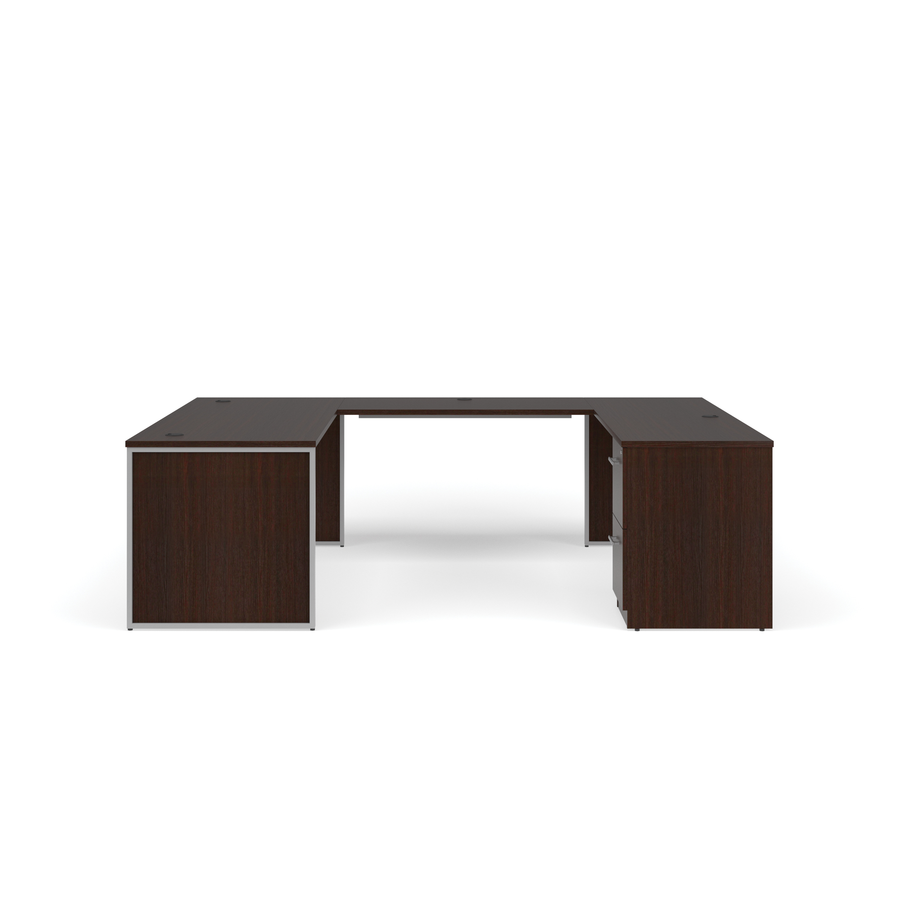 OFM Fulcrum Series Office Furniture Set, 72" U-Shaped Desk with Bridge, Credenza, 2-drawer Filing Cabinet, Leg Panels, in Espresso