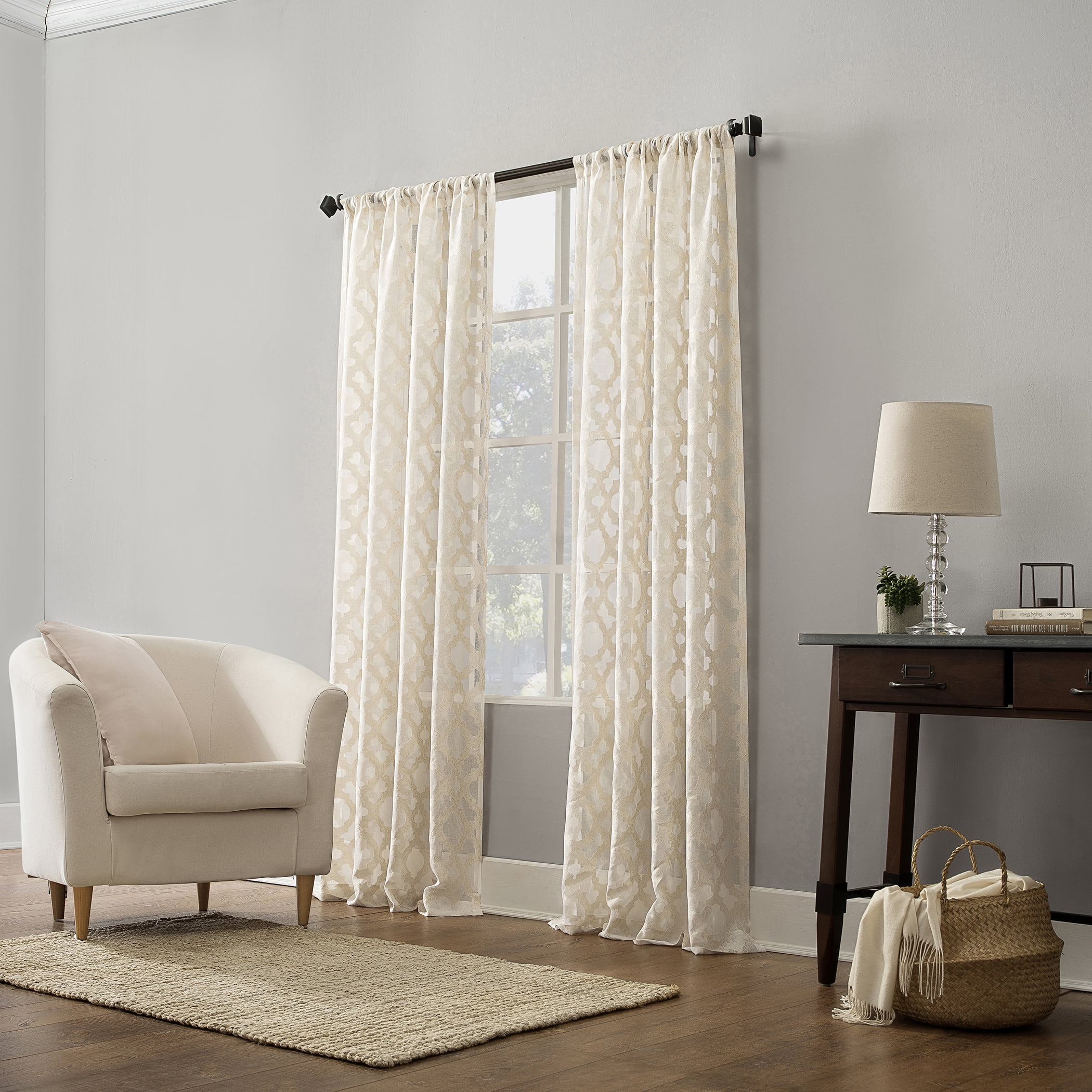 No. 918 Yvette Trellis Jacquard Sheer Rod Pocket Curtain Panel, 52" x 84"