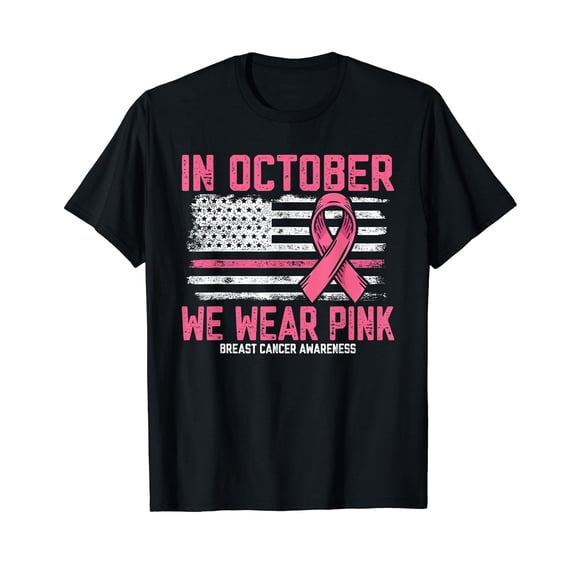 In October we Wear Pink Us Flag Breast Cancer Awareness Black T-Shirt