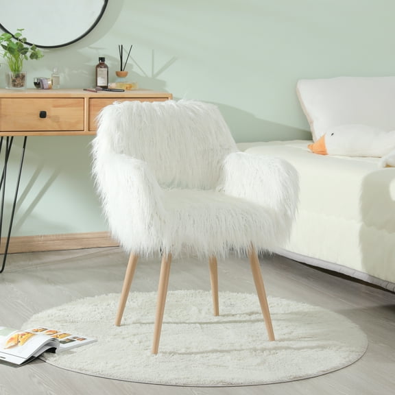 Jopath Desk Chair with Wood-Like Metal Legs, Faux Fur Vanity Chair for Living Room,Bedroom, White