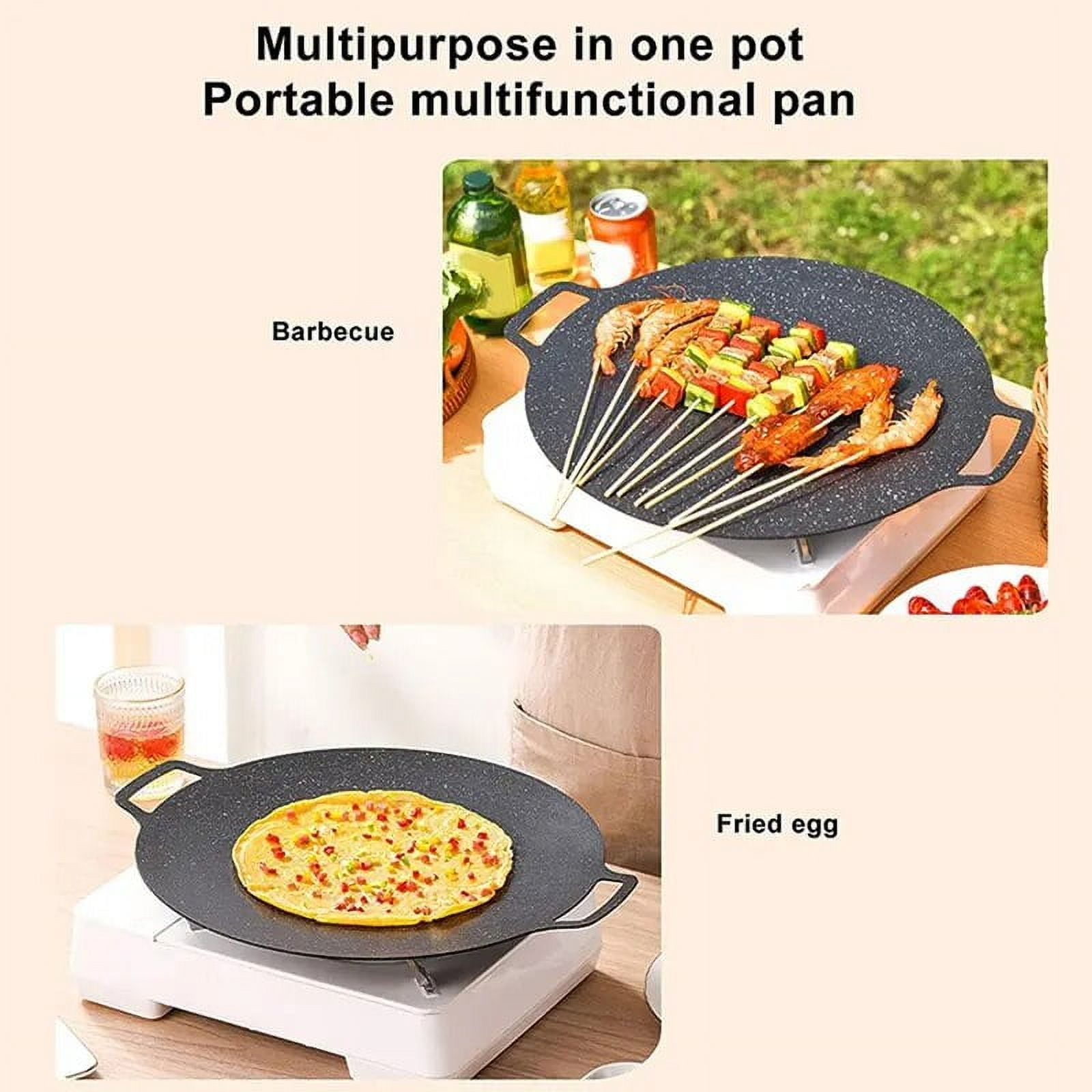 Korean BBQ Grill Pan Smokeless Round Griddle Pan Barbecue Plate Indoor Outdoor Grilling Frying Pan with Heat-resistant holder