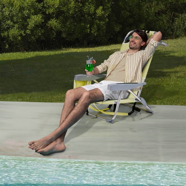 63*65*82cm Short Oxford Cloth Silver White Aluminum Tube Bearing 100kg Beach Chair with Cup Holder Storage Pouches Yellow