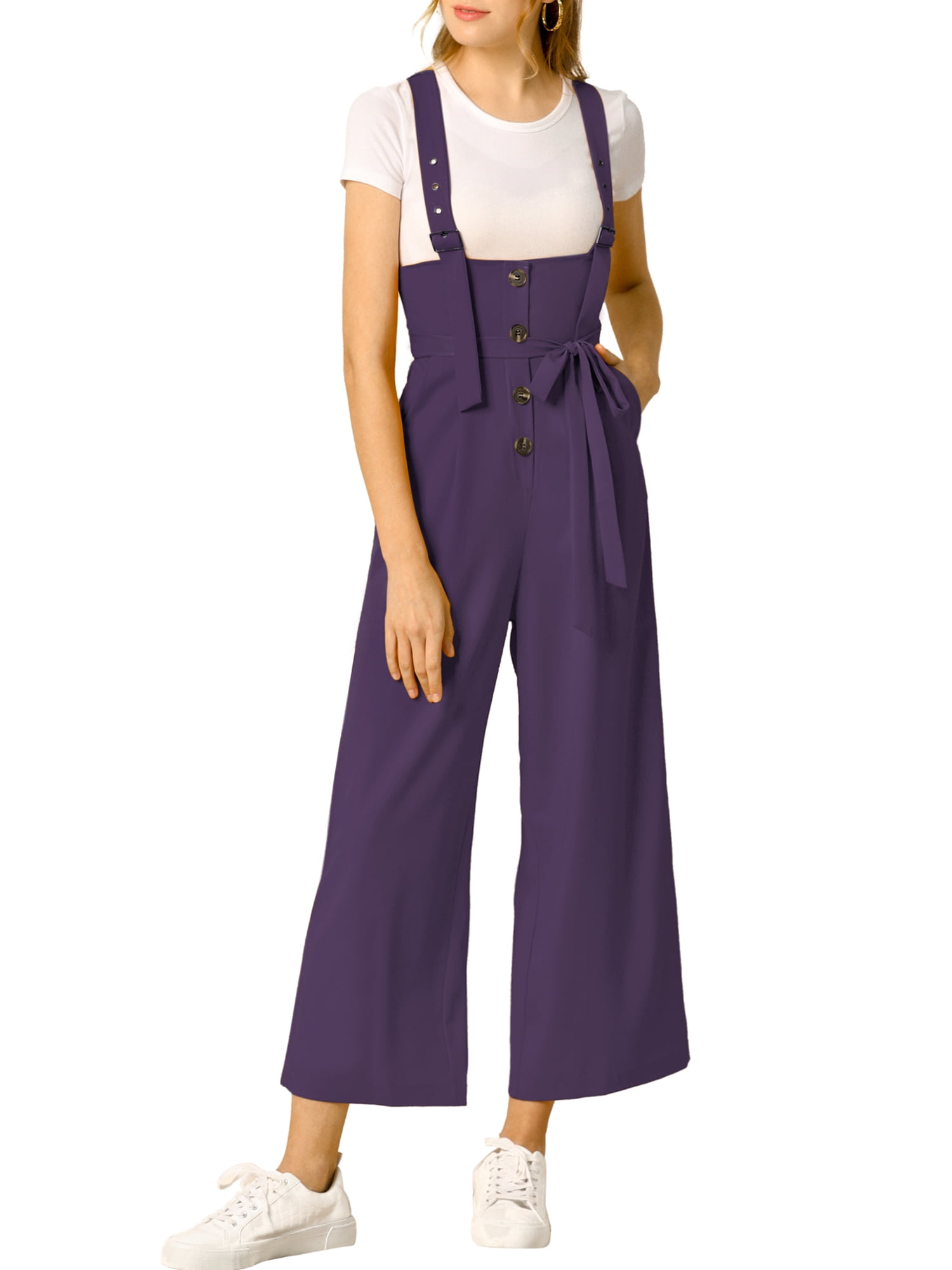 DARING DIVA Women's Button Front High Waist Belted Overall Jumpsuit M Dark Purple