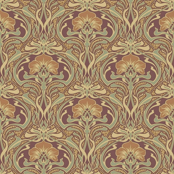 Crown Donovan Burnt Sienna Nouveau Floral Unpasted Paper Wallpaper, 20.5-in by 33-ft, 56.4 sq. ft.