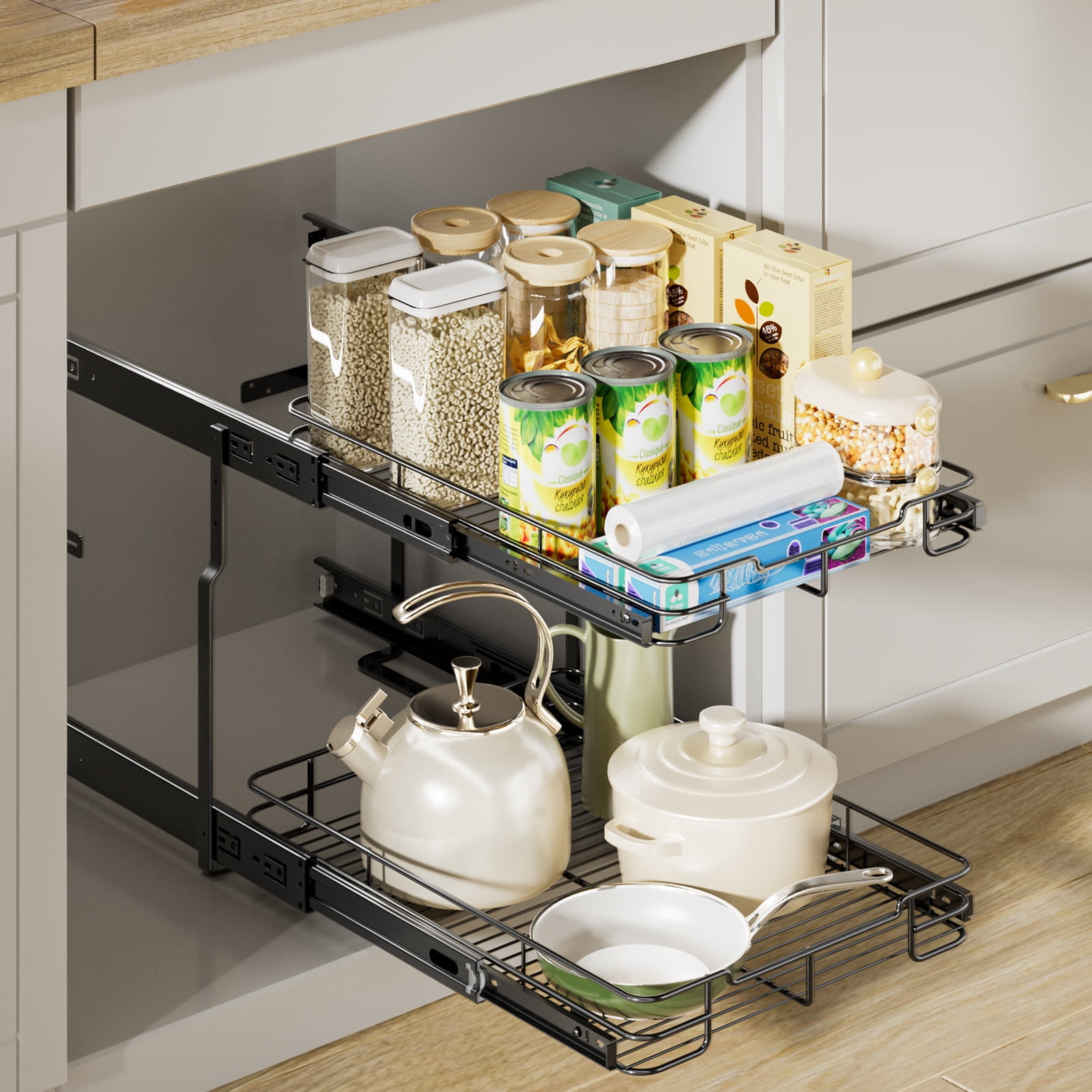 ORDORA 2 Tier Pull Out Cabinet Organizer, Heavy Duty Shelves for Kitchen Bathroom, Slide Out Chrome Steel Shelf Organizer Black