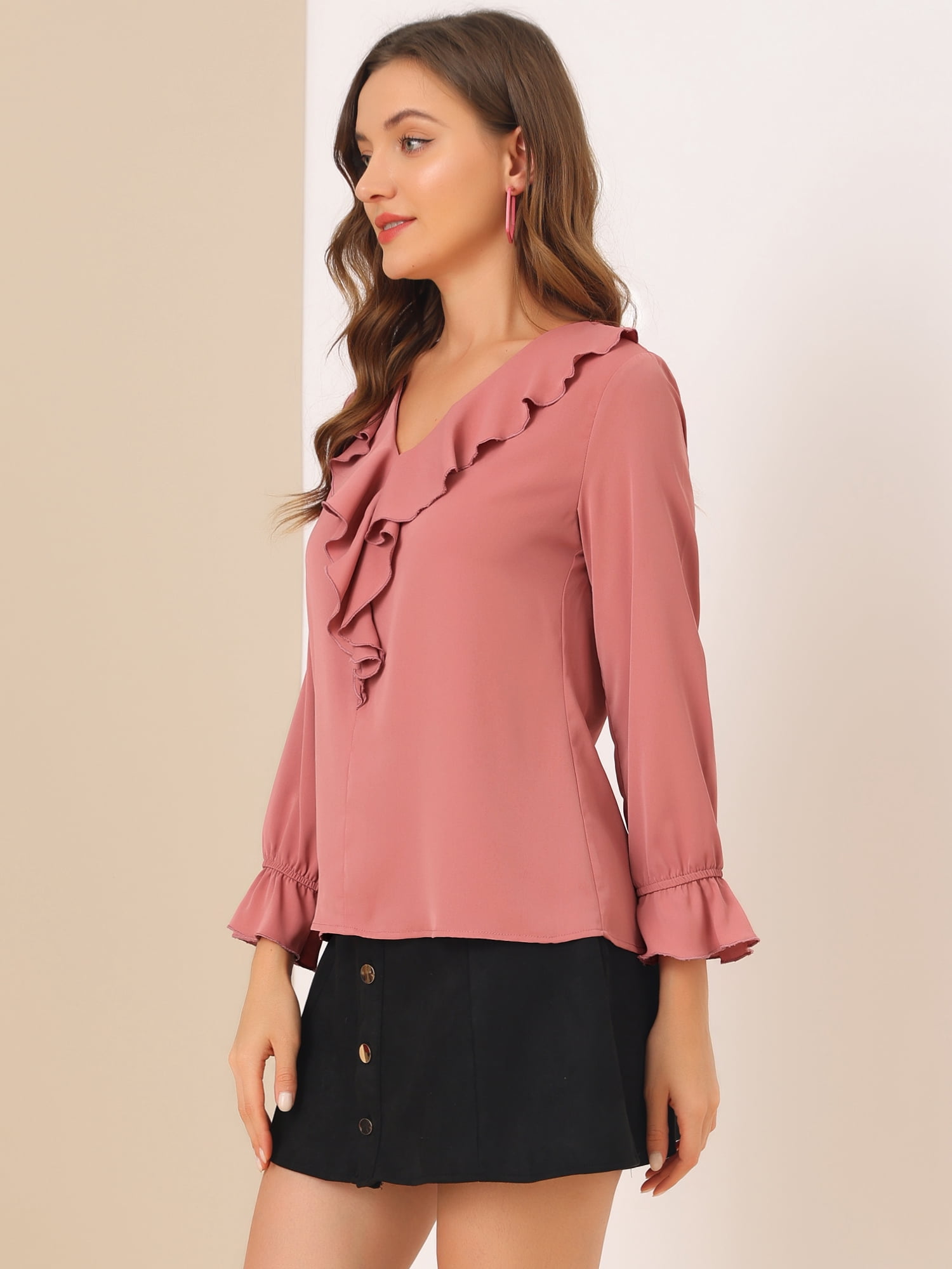 DARING DIVA Women's Ruffle V Neck Chiffon Peasant Blouse 3XL Dark Pink