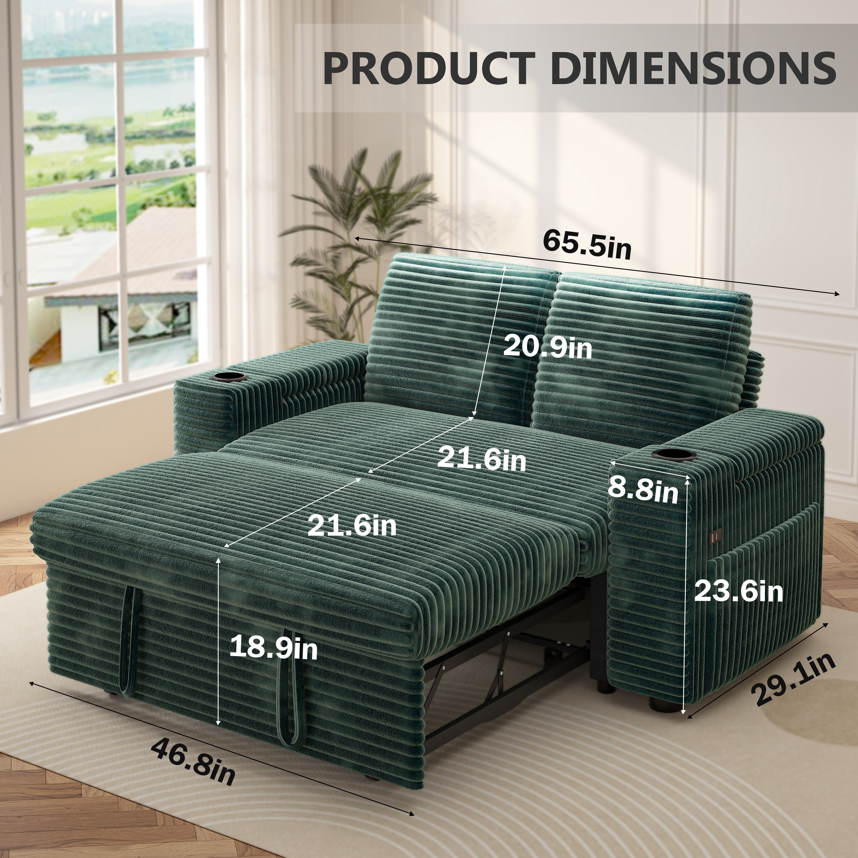 65" Multifunctional Plush Corduroy Loveseat Sleeper Sofa with Pull-Out Bed, Adjustable Backrest, USB Charging Ports, Cup Holders, Side Table & Storage Armrests, Easy Assembly