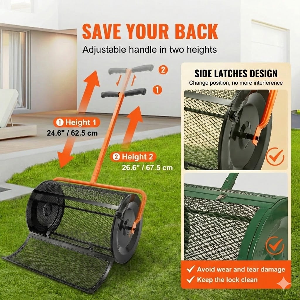 Compost Spreader, 24.4-25.6" Height Adjustable Handle, 24" Wide, Lawn and Garden Peat Moss Roller with Side Latches, Powder Coated Steel Mesh Basket for Spreading Manure, Topsoil, Black