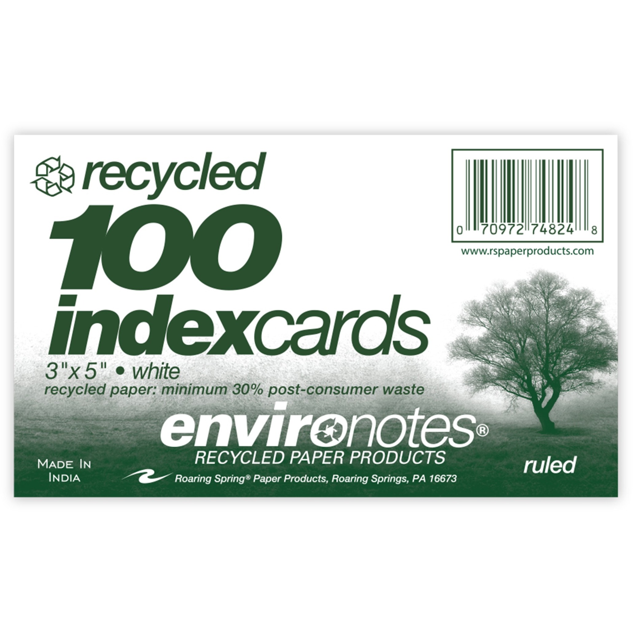 Roaring Spring Environotes Ruled Index Cards (100 Count), 1 Case (36 Packs), 3" x 5" , White