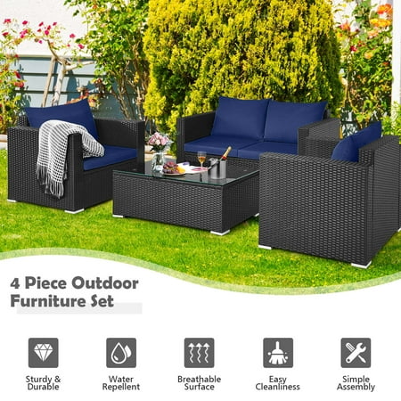 Costway 4 PCS Patio Rattan Furniture Set Cushioned Sofa Chair Coffee Table - Black,Blue