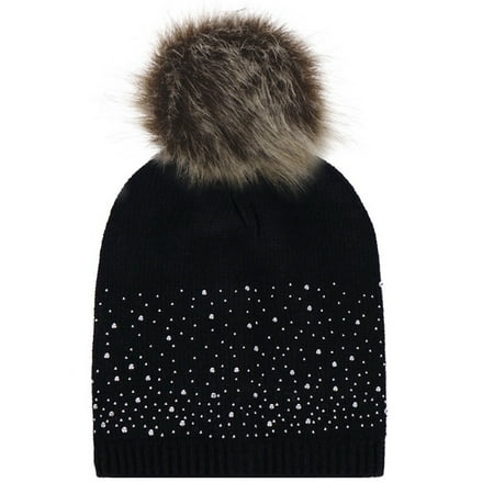 SHOPFIVE 6 Colors Winter Warm Rhinestone Knitted Pom Pom Hats For Women Outdoor Thick Wool Beanie Cap (Best Wool For Pom Poms)