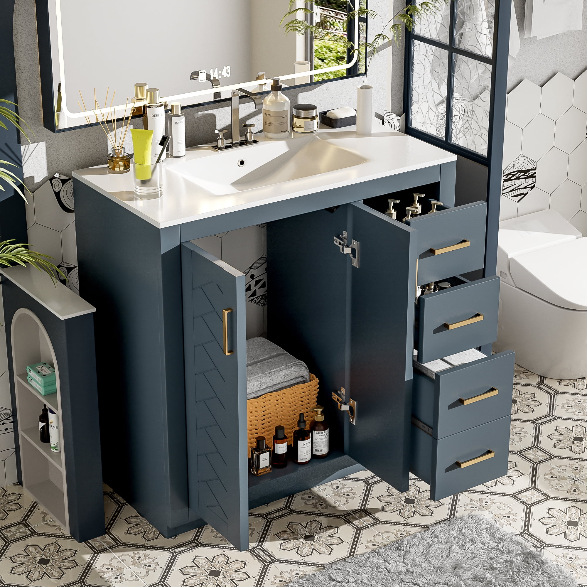 Euroco 36'' Bathroom Vanity with Ceramic Sink Combo, Solid Wood Frame Bathroom Storage Cabinet, Freestanding Vanity Set with 3 Drawers& Soft Closing Doors