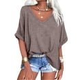 thumbnail image 4 of Summer Rolled Short Sleeve Women V-neck Solid Color Casual Loose T-shirt Tops, 4 of 7