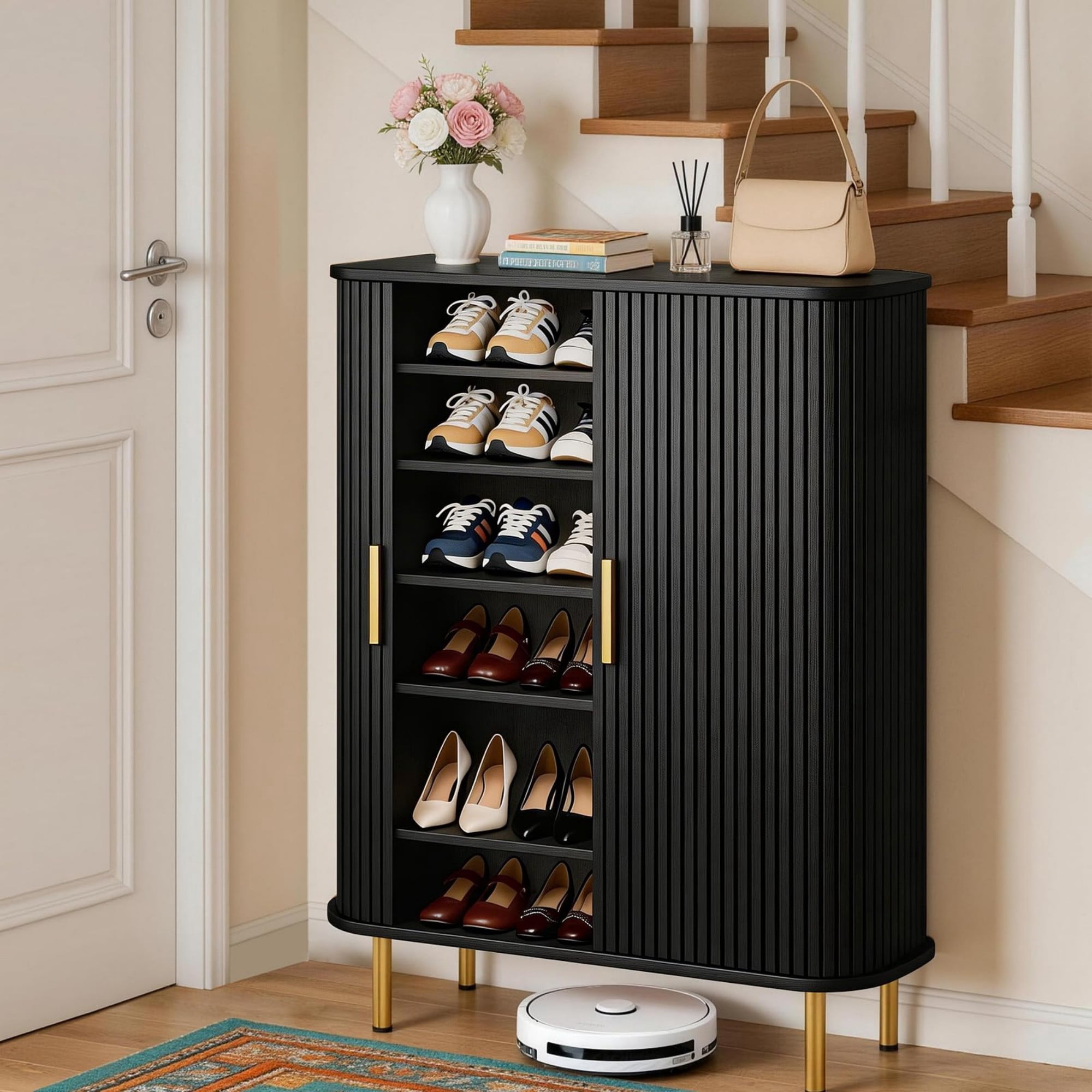 31.5"W Shoe Storage Cabinet with Sliding Door, 6 Tier Adjustable Shoe Rack, Mid Century Modern Entryway Organizer, Black