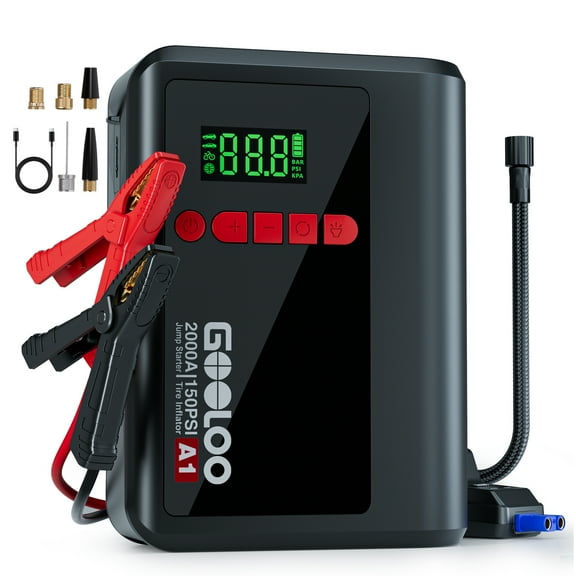 Jump Starter with Air Compressor, GOOLOO A1 2000A Portable Car Battery Jump Box(7.0L Gas/5.5L Diesel) with 150PSI Cordless Auto-Shutoff Tire Inflator, 12V Auto Lithium Battery Booster with Air Pump