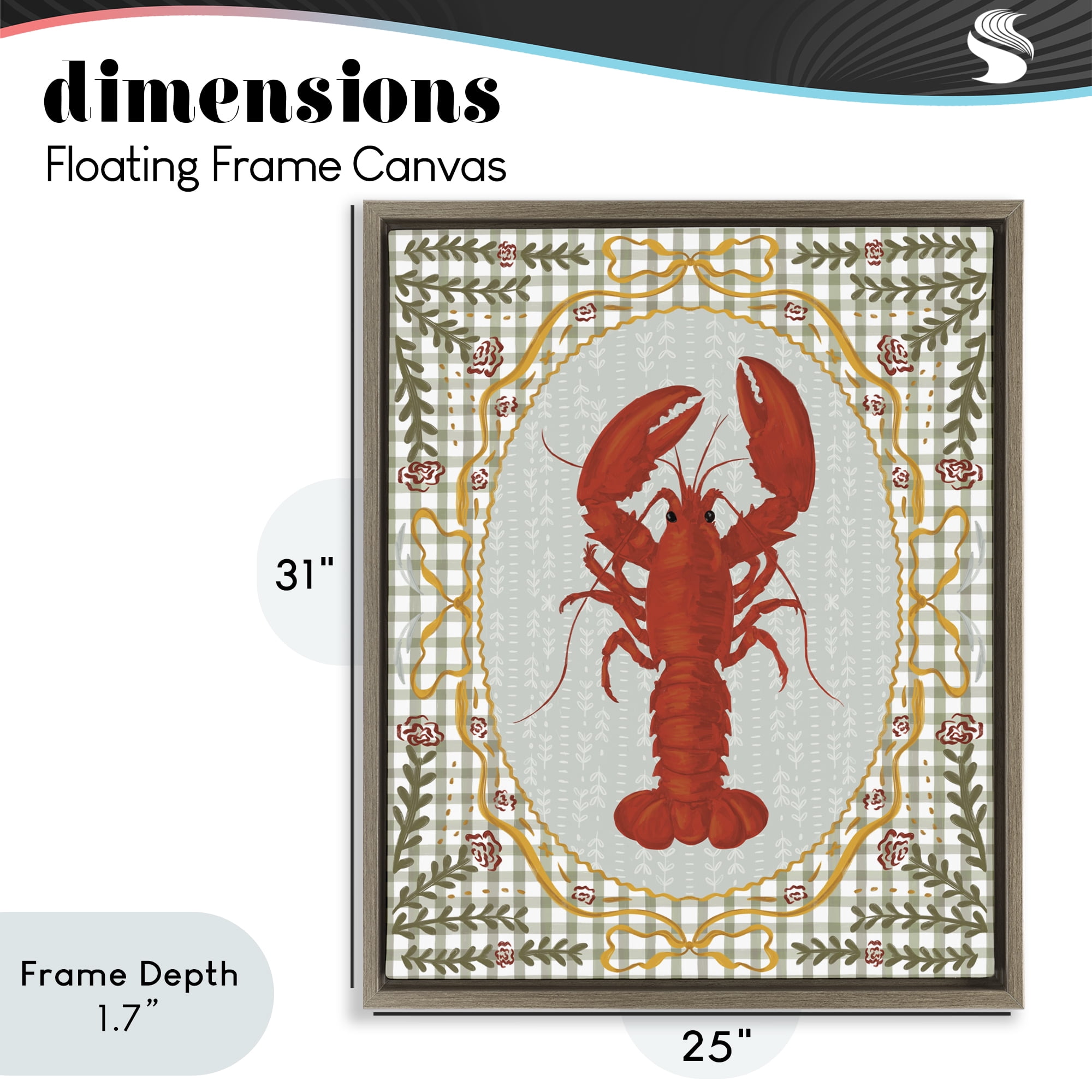 Stupell Industries Lobster with Gingham Kitchen Charm Brown Framed Floater Canvas Wall Art, design by Vero Illustrates